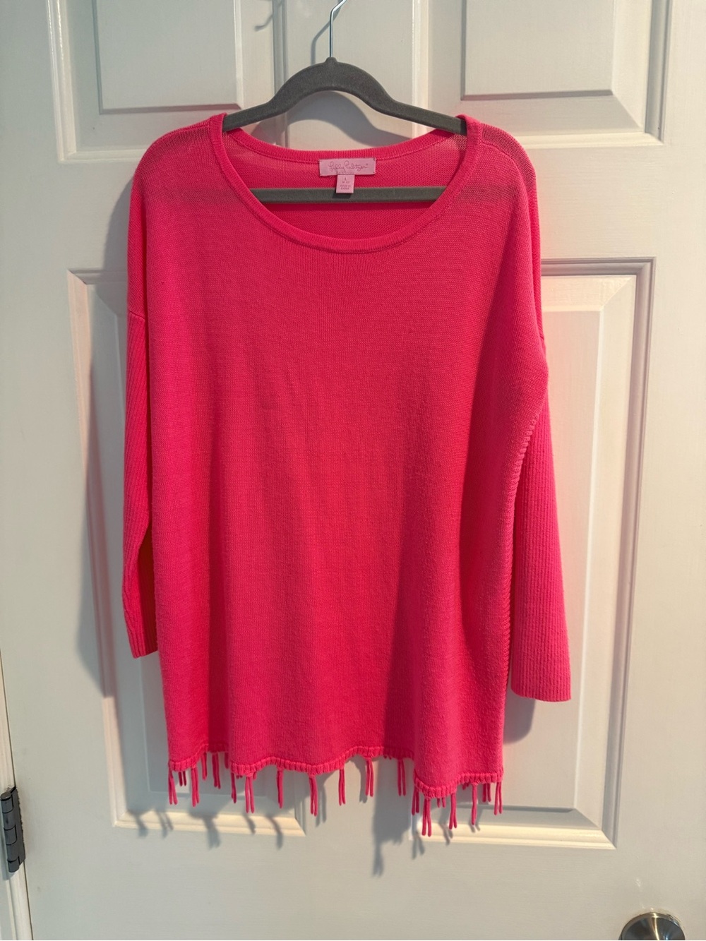 Lilly Pulitzer Girls Pink Fringe Hem Sweater Tunic Size L 8-10 Lightweight Knit
